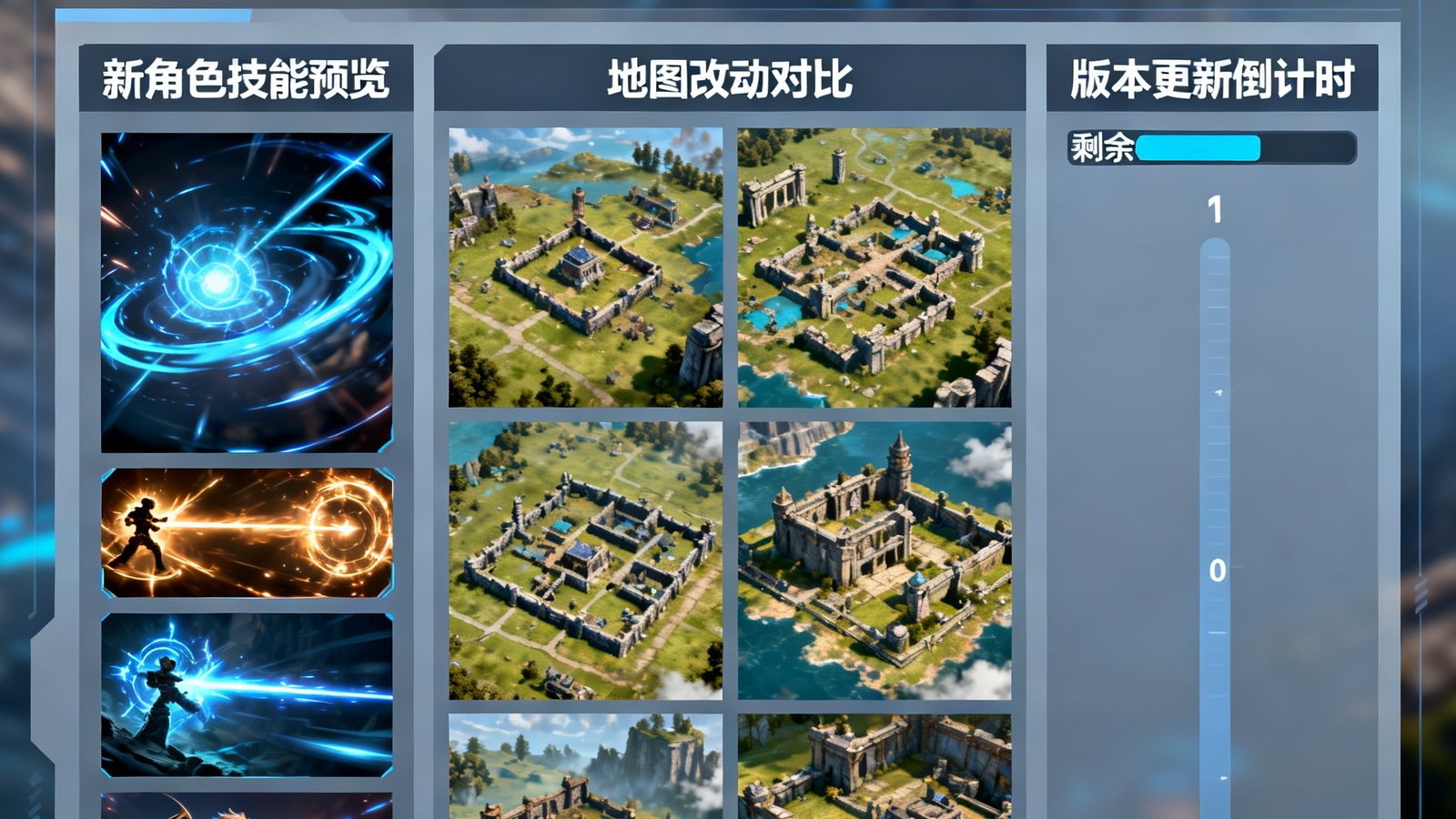 爱游戏版本前瞻频道的文章发布界面，展示即将上线的新角色技能预览、地图改动对比截图以及版本更新时间倒计时，排版整洁信息密度高